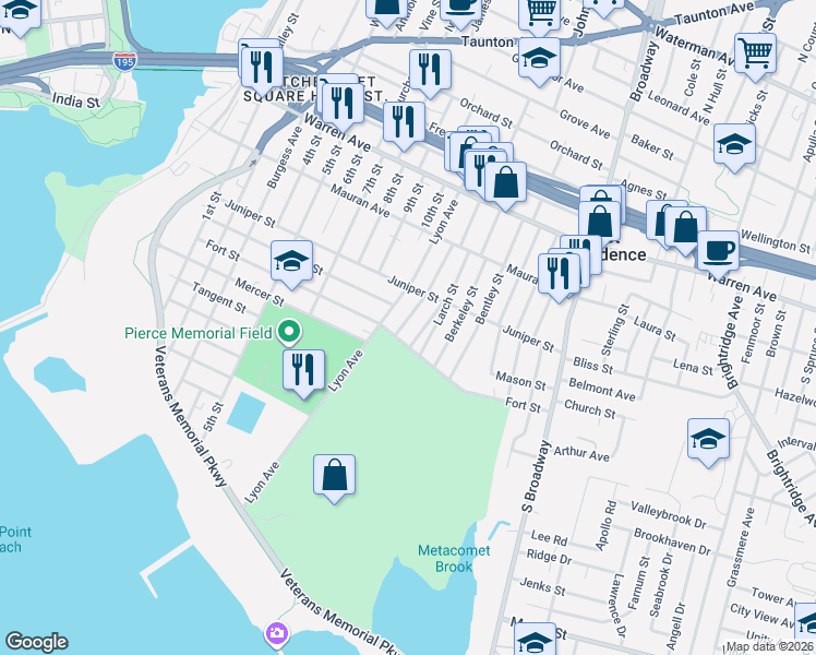 map of restaurants, bars, coffee shops, grocery stores, and more near 11 Portland Street in East Providence