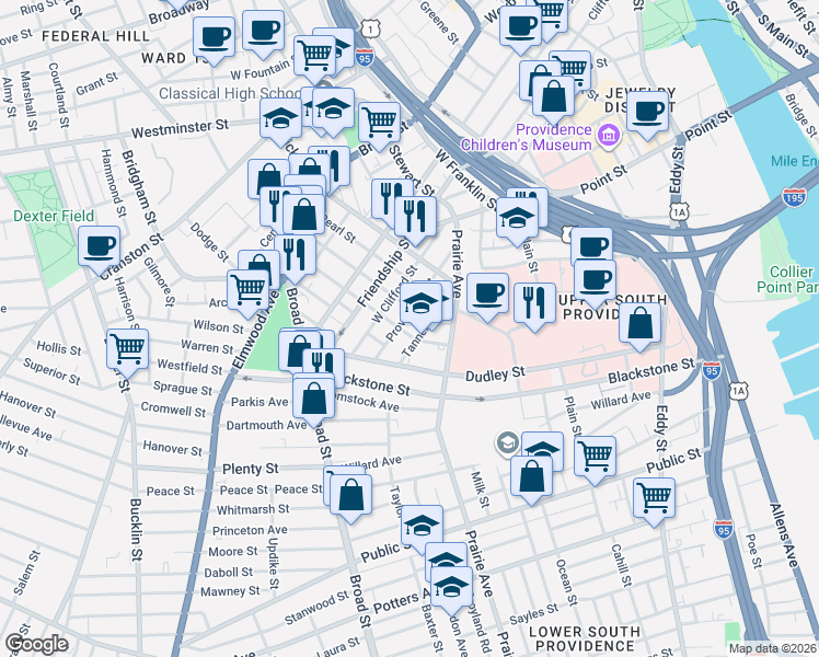 map of restaurants, bars, coffee shops, grocery stores, and more near 126 Somerset Street in Providence