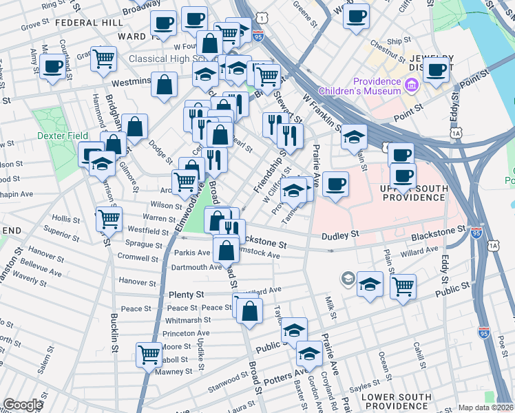 map of restaurants, bars, coffee shops, grocery stores, and more near 56 Myrtle Street in Pawtucket