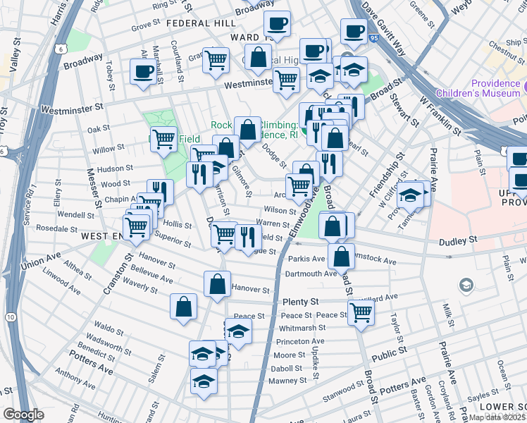 map of restaurants, bars, coffee shops, grocery stores, and more near 35 Warren Street in Providence