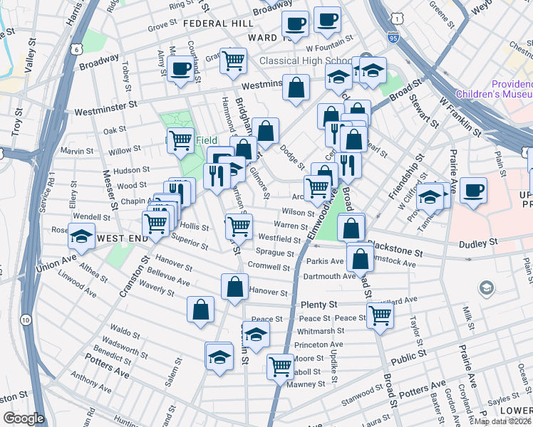 map of restaurants, bars, coffee shops, grocery stores, and more near 59 Warren Street in Providence