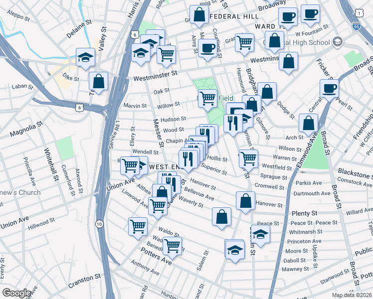 map of restaurants, bars, coffee shops, grocery stores, and more near 40 Wendell Street in Providence
