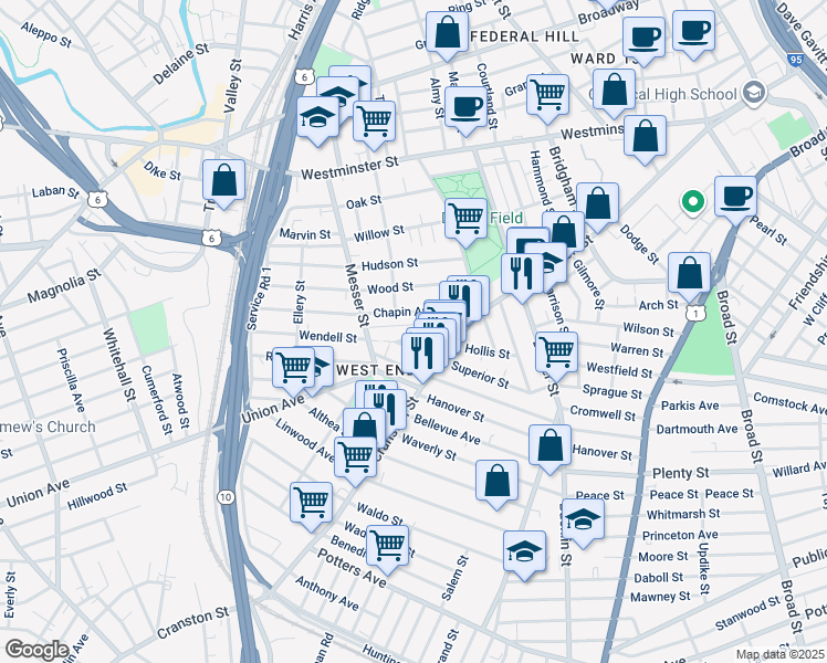 map of restaurants, bars, coffee shops, grocery stores, and more near 40 Wendell Street in Providence