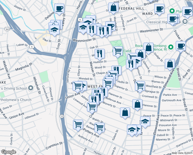 map of restaurants, bars, coffee shops, grocery stores, and more near 81 Wendell Street in Providence