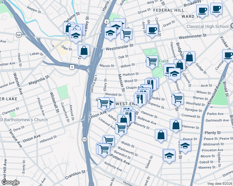 map of restaurants, bars, coffee shops, grocery stores, and more near 116 Wendell Street in Providence