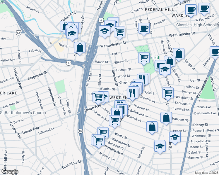map of restaurants, bars, coffee shops, grocery stores, and more near 116 Wendell Street in Providence