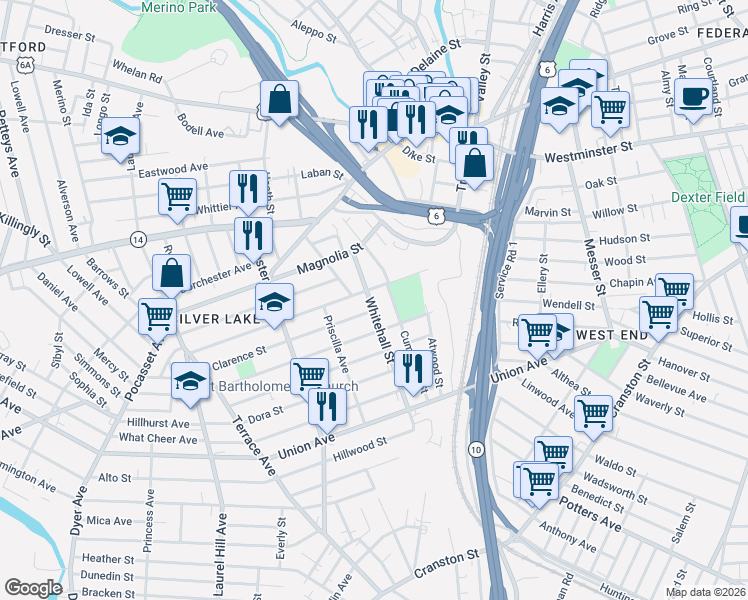 map of restaurants, bars, coffee shops, grocery stores, and more near 70 Whitehall Street in Providence