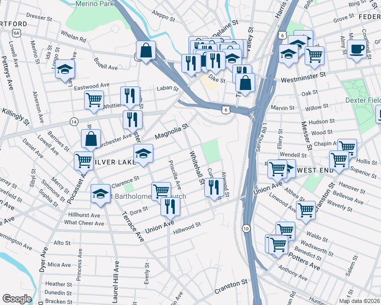 map of restaurants, bars, coffee shops, grocery stores, and more near 70 Whitehall Street in Providence