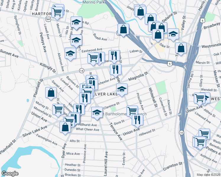 map of restaurants, bars, coffee shops, grocery stores, and more near 179 Roosevelt Street in Providence
