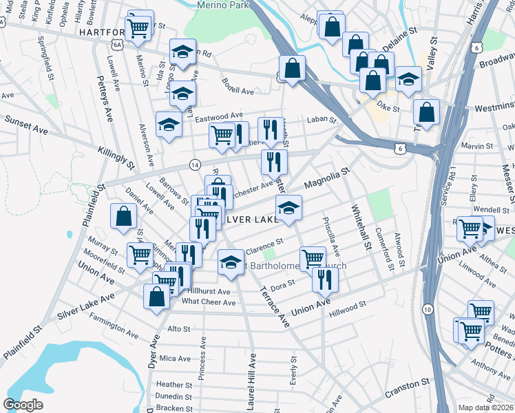 map of restaurants, bars, coffee shops, grocery stores, and more near 179 Roosevelt Street in Providence
