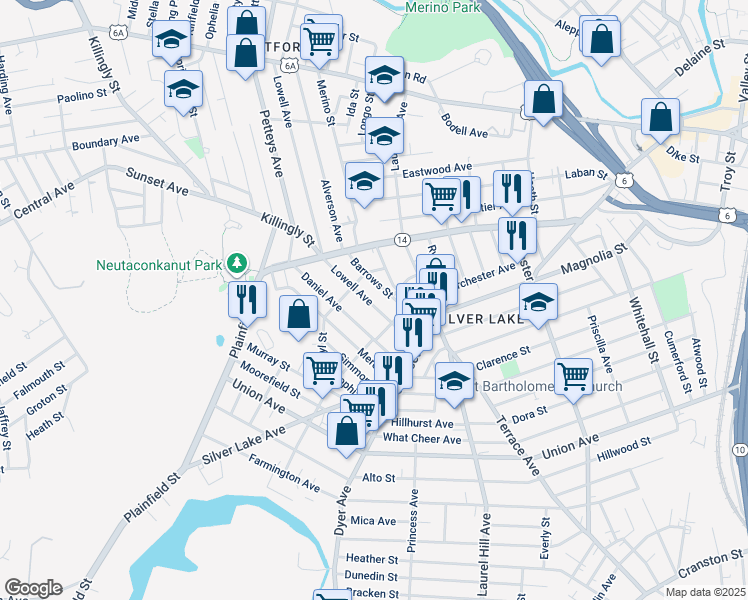 map of restaurants, bars, coffee shops, grocery stores, and more near 76 Lowell Avenue in Providence