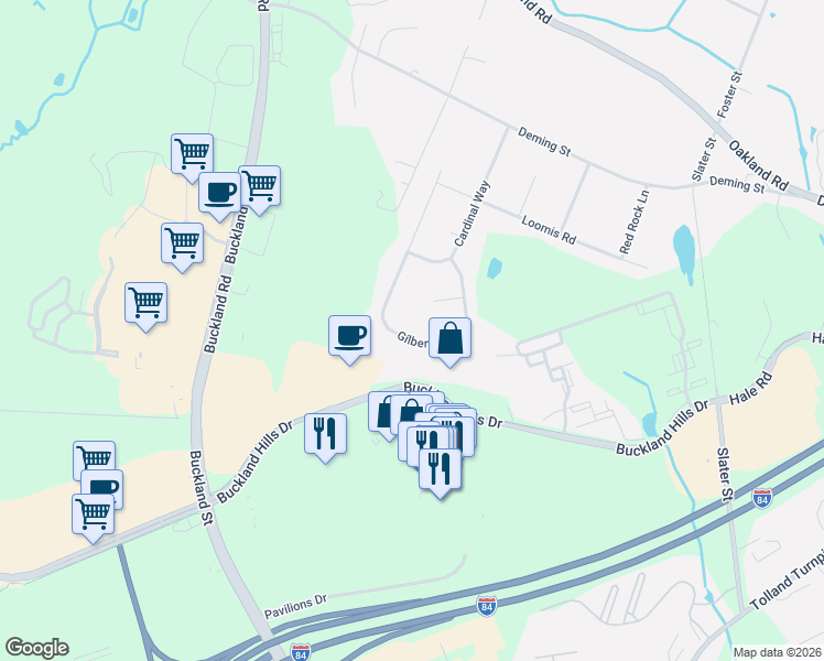 map of restaurants, bars, coffee shops, grocery stores, and more near 80 Gilbert Lane in South Windsor