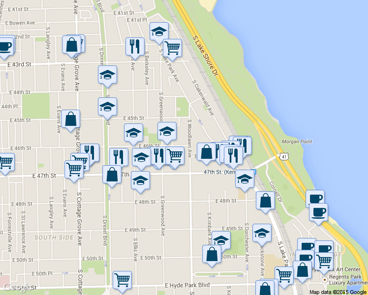 map of restaurants, bars, coffee shops, grocery stores, and more near 4610 South Woodlawn Avenue in Chicago