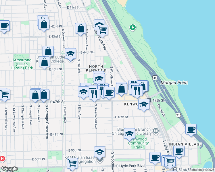 map of restaurants, bars, coffee shops, grocery stores, and more near 4610 South Woodlawn Avenue in Chicago