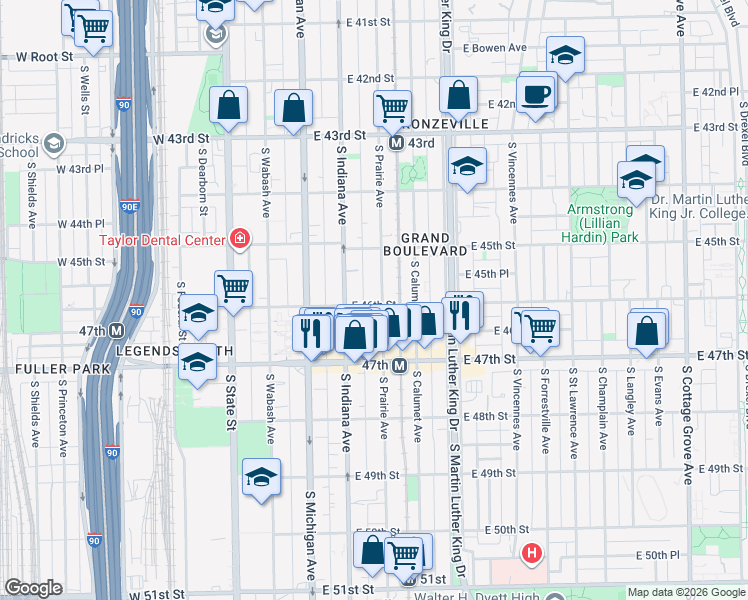 map of restaurants, bars, coffee shops, grocery stores, and more near 4601 South Prairie Avenue in Chicago