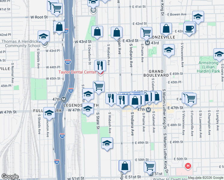 map of restaurants, bars, coffee shops, grocery stores, and more near 59 East 46th Street in Chicago