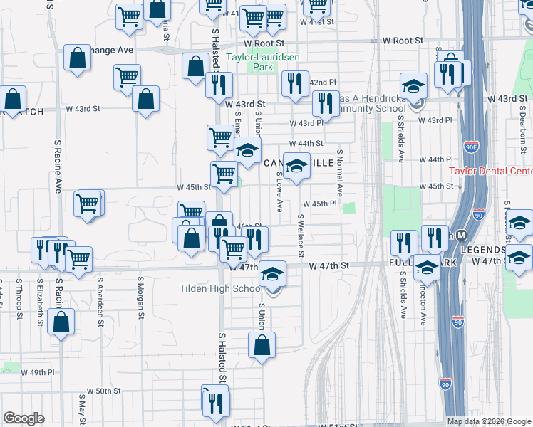 map of restaurants, bars, coffee shops, grocery stores, and more near 4554 South Union Avenue in Chicago