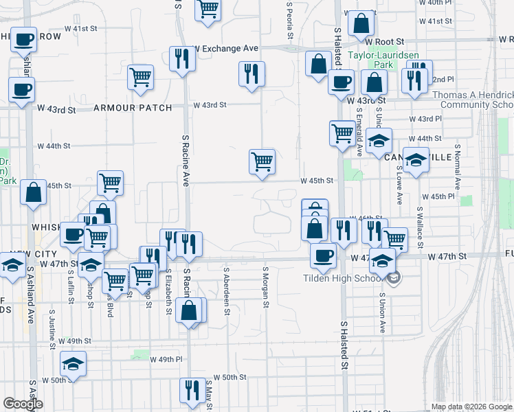 map of restaurants, bars, coffee shops, grocery stores, and more near 1001-1099 W 45th St in Chicago