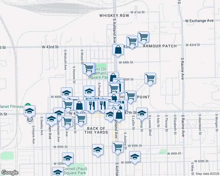 map of restaurants, bars, coffee shops, grocery stores, and more near 4543 South Marshfield Avenue in Chicago