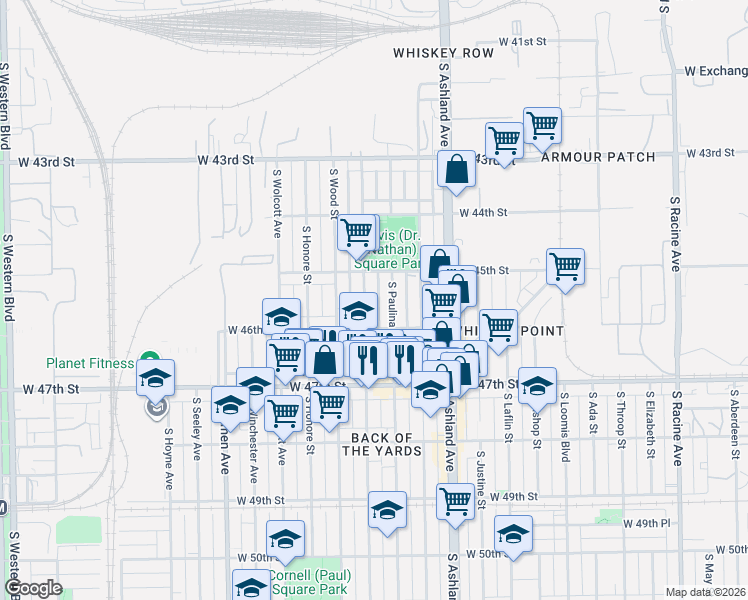 map of restaurants, bars, coffee shops, grocery stores, and more near 4538 South Hermitage Avenue in Chicago