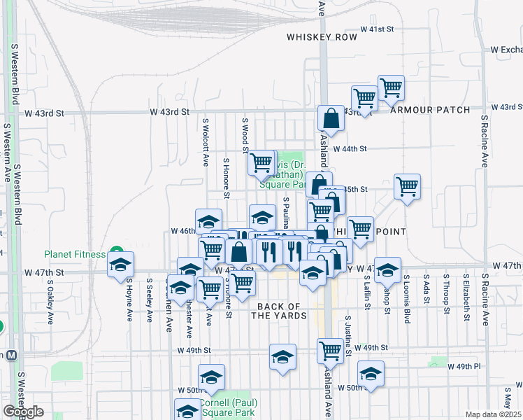 map of restaurants, bars, coffee shops, grocery stores, and more near 4538 South Hermitage Avenue in Chicago