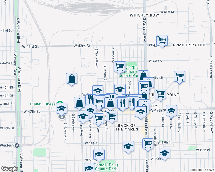 map of restaurants, bars, coffee shops, grocery stores, and more near 4535 South Honore Street in Chicago