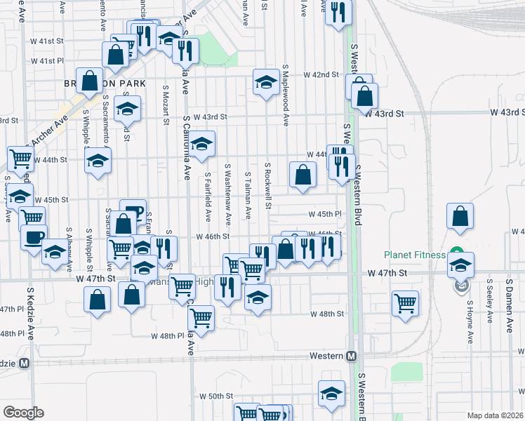 map of restaurants, bars, coffee shops, grocery stores, and more near 4532 South Rockwell Street in Chicago
