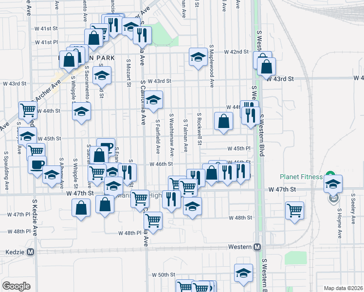 map of restaurants, bars, coffee shops, grocery stores, and more near 4529 South Washtenaw Avenue in Chicago