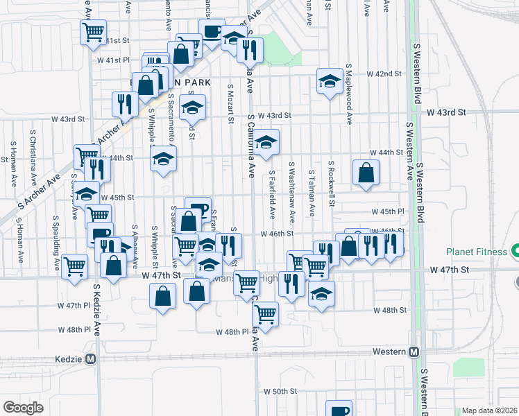 map of restaurants, bars, coffee shops, grocery stores, and more near 4530 South California Avenue in Chicago