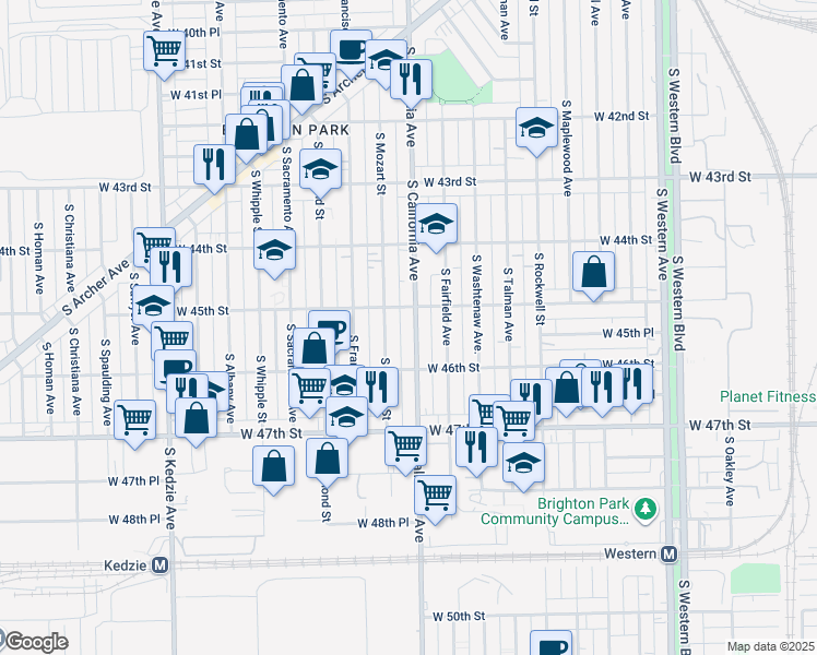 map of restaurants, bars, coffee shops, grocery stores, and more near 4530 South California Avenue in Chicago