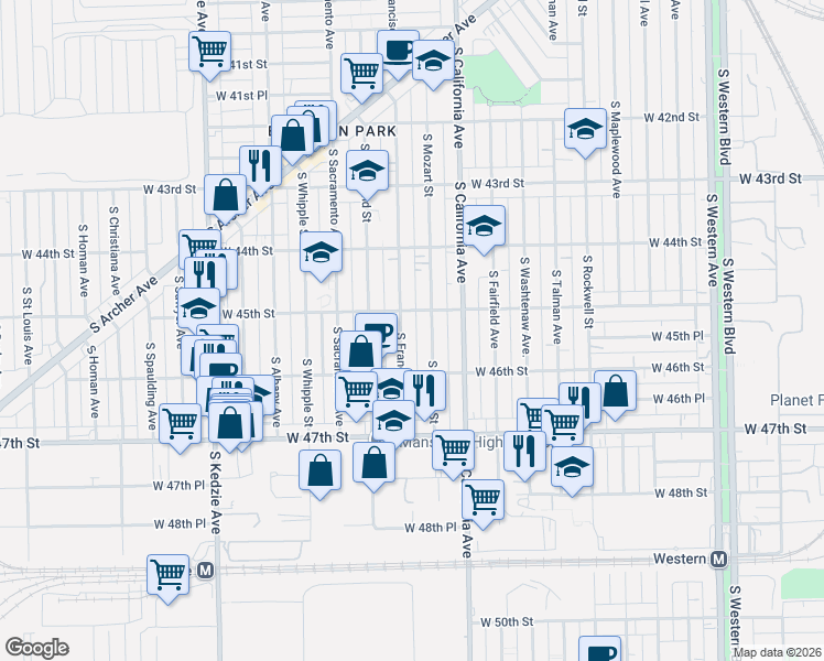 map of restaurants, bars, coffee shops, grocery stores, and more near 4530 South Mozart Street in Chicago