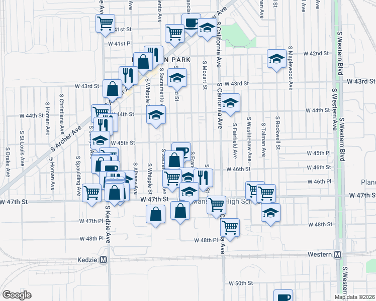 map of restaurants, bars, coffee shops, grocery stores, and more near 4525 South Richmond Street in Chicago