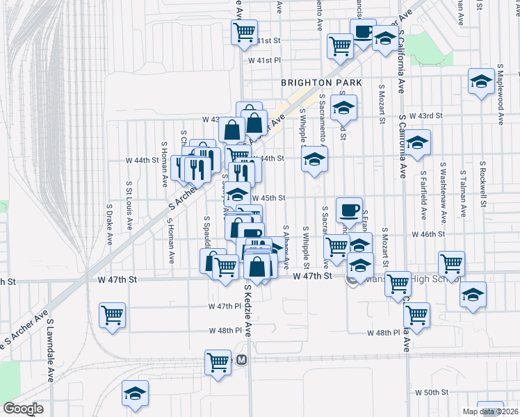 map of restaurants, bars, coffee shops, grocery stores, and more near 4529 South Kedzie Avenue in Chicago
