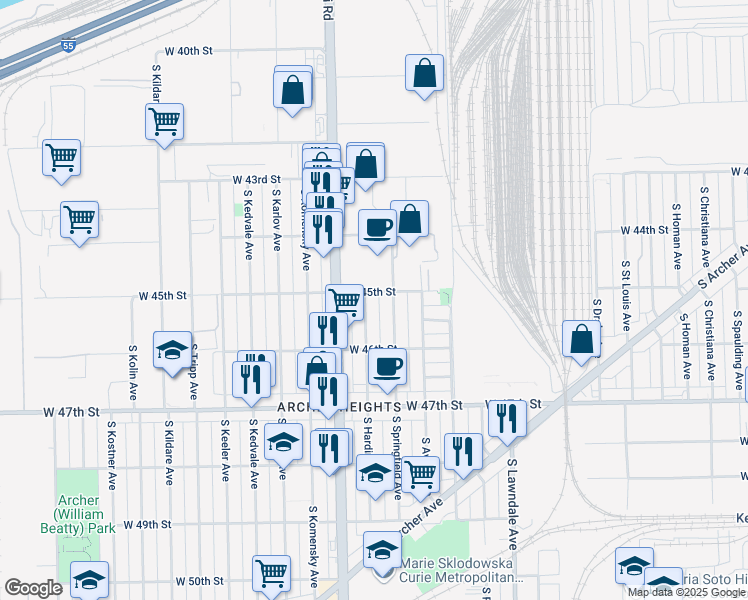 map of restaurants, bars, coffee shops, grocery stores, and more near 4516 South Springfield Avenue in Chicago