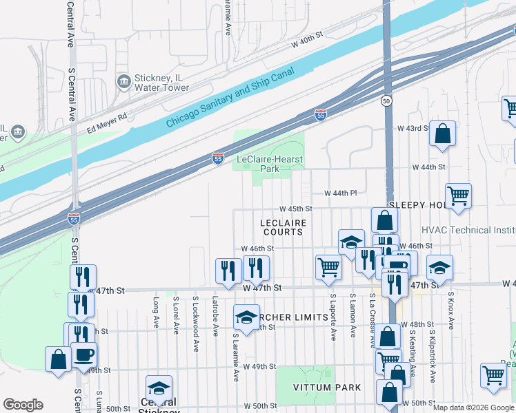 map of restaurants, bars, coffee shops, grocery stores, and more near 4501 South Leamington Avenue in Chicago