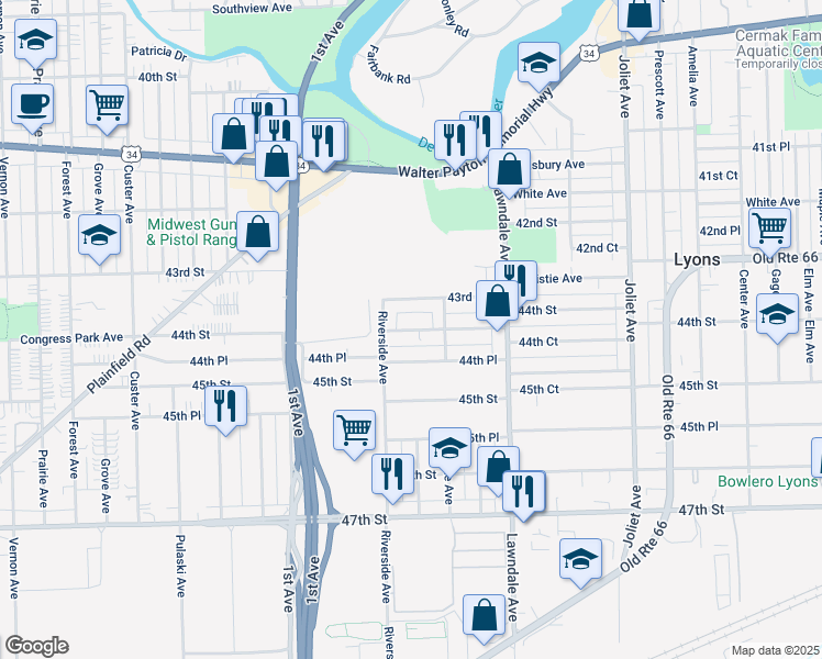 map of restaurants, bars, coffee shops, grocery stores, and more near 8329 44th Street in Lyons