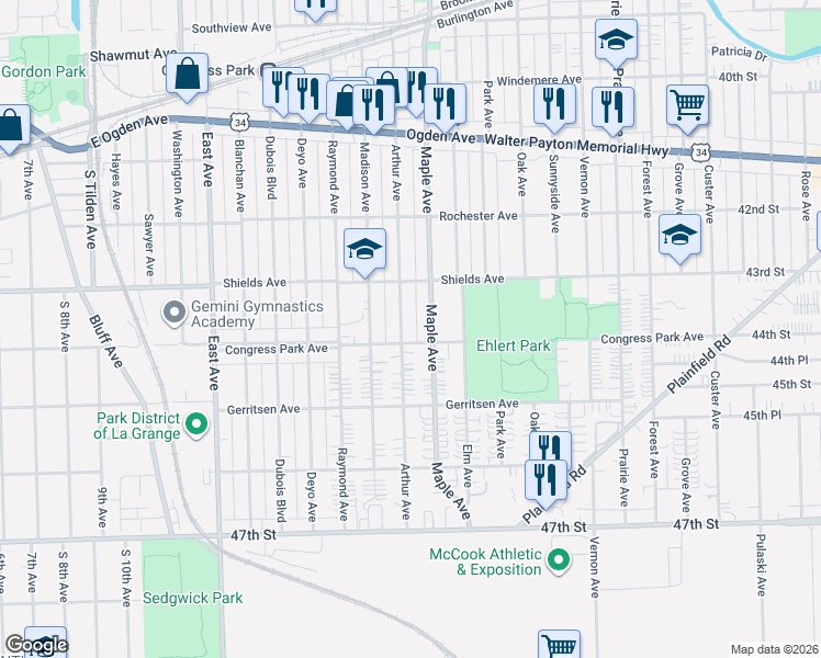 map of restaurants, bars, coffee shops, grocery stores, and more near 4345 Arthur Avenue in Brookfield