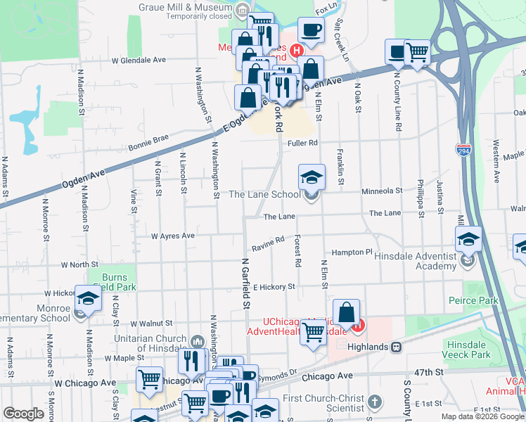 map of restaurants, bars, coffee shops, grocery stores, and more near 112 The Lane in Hinsdale