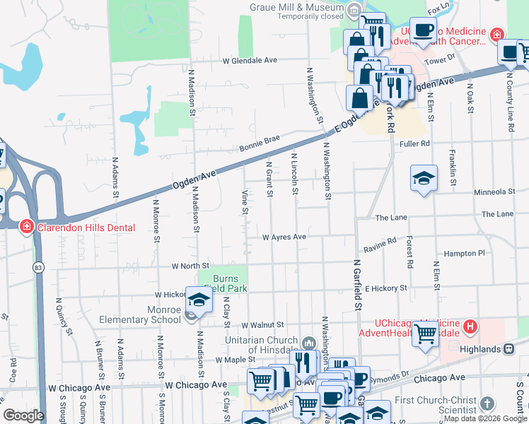 map of restaurants, bars, coffee shops, grocery stores, and more near 526 North Grant Street in Hinsdale