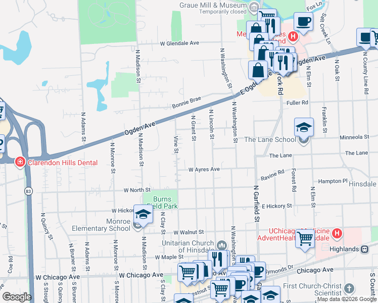 map of restaurants, bars, coffee shops, grocery stores, and more near 526 North Grant Street in Hinsdale