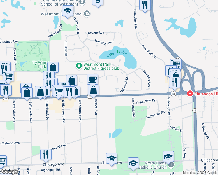 map of restaurants, bars, coffee shops, grocery stores, and more near 550 E Ogden Ave in Westmont