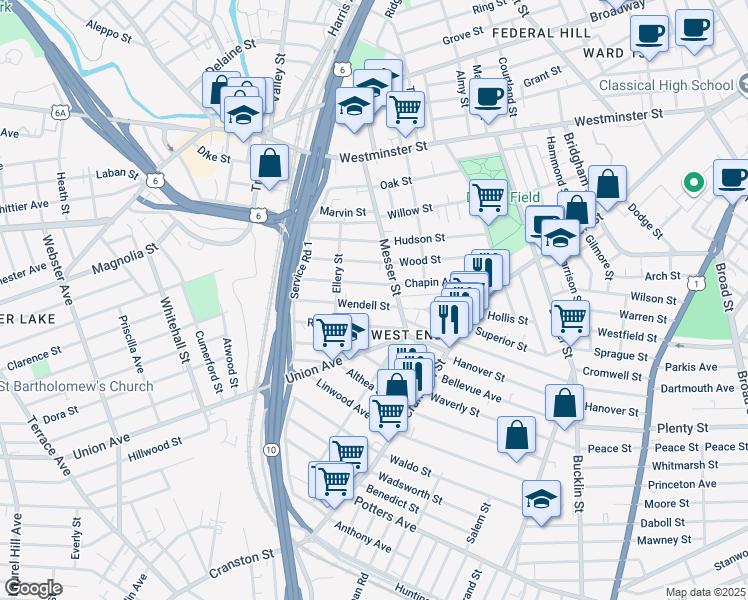 map of restaurants, bars, coffee shops, grocery stores, and more near 116 Wendell Street in Providence