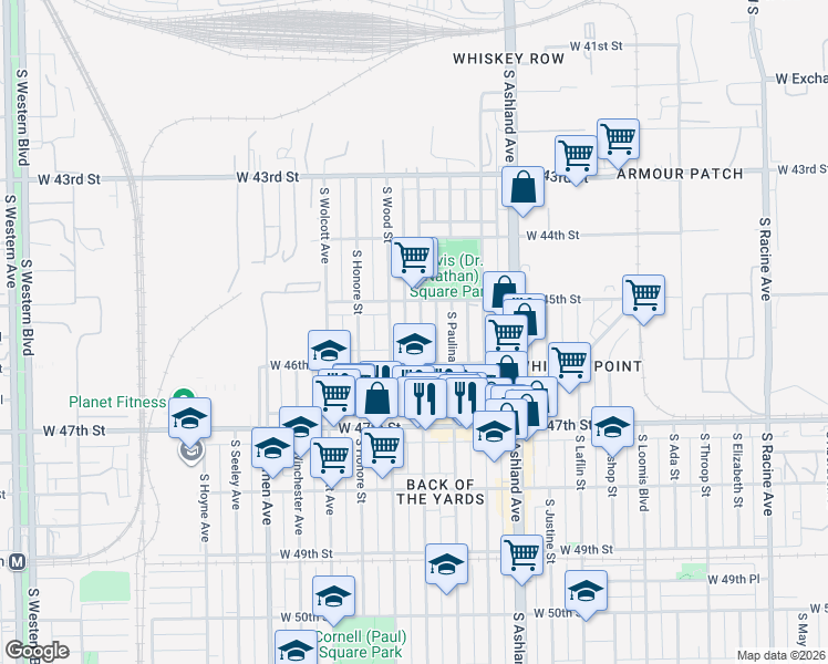 map of restaurants, bars, coffee shops, grocery stores, and more near 4538 South Hermitage Avenue in Chicago