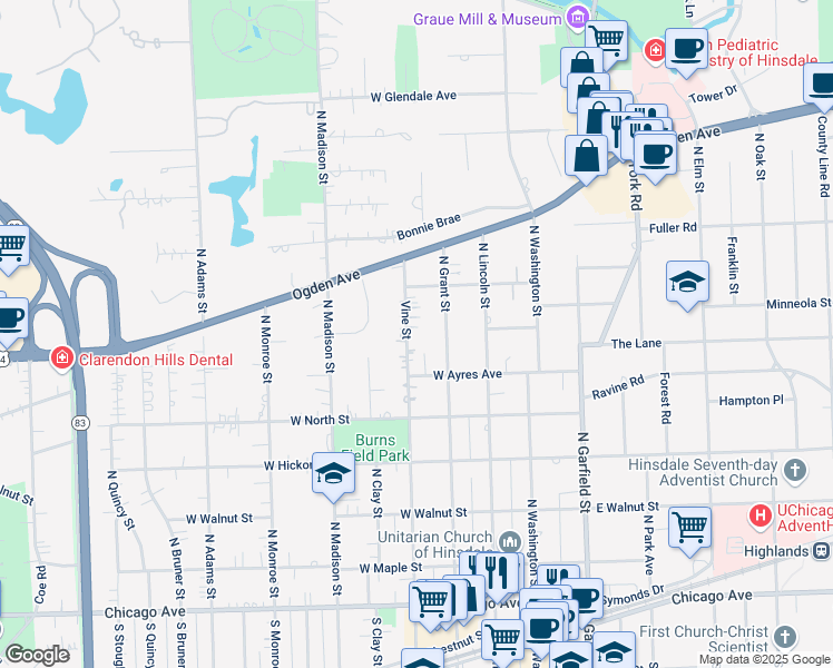 map of restaurants, bars, coffee shops, grocery stores, and more near 531 North Vine Street in Hinsdale