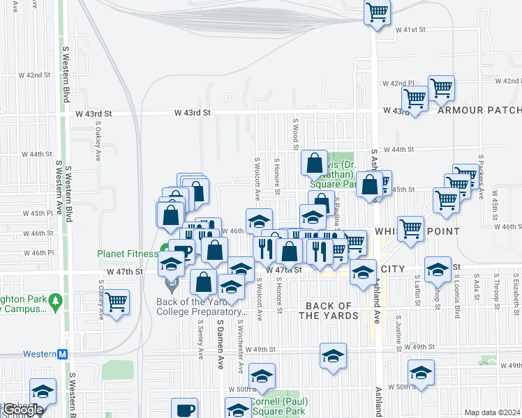 map of restaurants, bars, coffee shops, grocery stores, and more near 4527 South Wolcott Avenue in Chicago