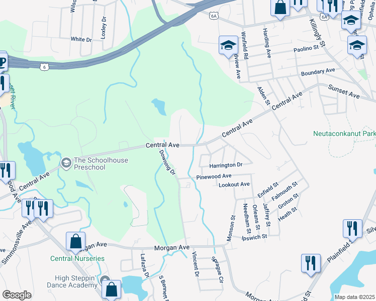 map of restaurants, bars, coffee shops, grocery stores, and more near 236 Central Avenue in Johnston