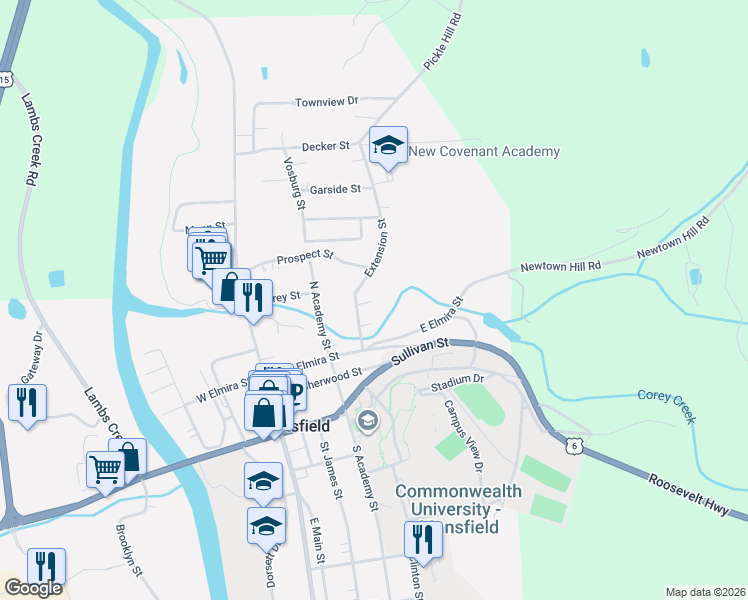 map of restaurants, bars, coffee shops, grocery stores, and more near 36 Extension Street in Mansfield