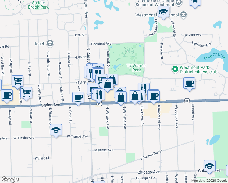 map of restaurants, bars, coffee shops, grocery stores, and more near 80 East Ogden Avenue in Westmont