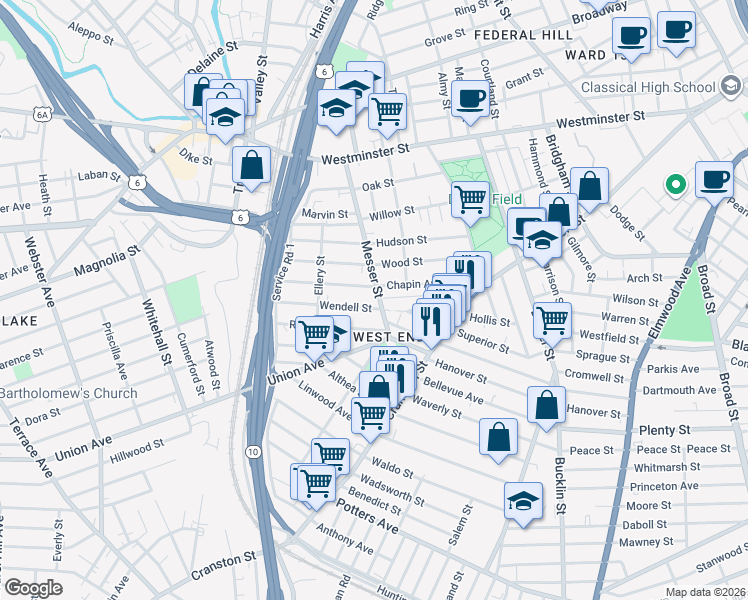 map of restaurants, bars, coffee shops, grocery stores, and more near 116 Wendell Street in Providence