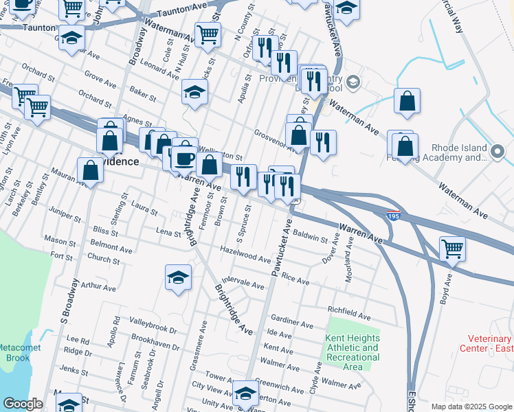 map of restaurants, bars, coffee shops, grocery stores, and more near 125 South Rose Street in East Providence